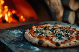 ai gerado uma pizza é ser cozinhou usando a ao ar livre pizza forno foto