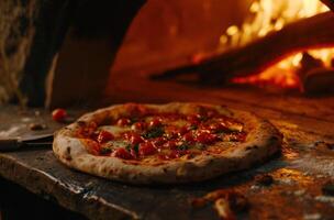 ai gerado uma pizza é ser cozinhou usando a ao ar livre pizza forno foto