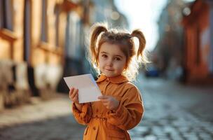 ai gerado uma pequeno menina segurando a envelope segurando isto em a rua foto