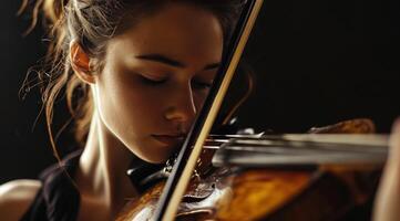 ai gerado uma jovem fêmea musical Estrela jogando violino foto