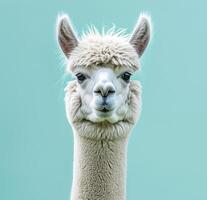 ai gerado uma branco de alpaca face é em pé dentro frente do uma azul fundo foto