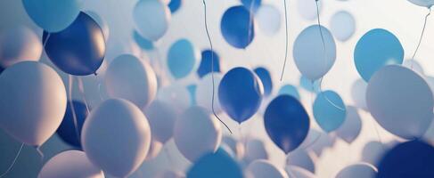 ai gerado azul e branco balões estão vôo dentro a ar, foto