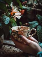 ai gerado café copo com flor impressão do mulher segurando dentro mão foto
