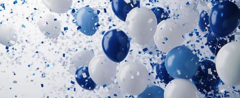 ai gerado balões em uma branco fundo e azul e branco confete foto