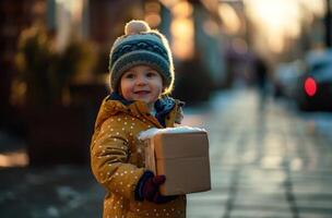ai gerado feliz criança segurando pacote enquanto caminhando ao longo rua foto