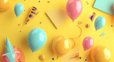 ai gerado feliz aniversário cumprimento cartão com balões dentro uma amarelo fundo foto