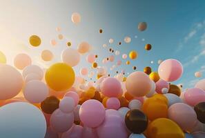 ai gerado grande quantidade do rosa, amarelo, e Castanho balões estão tremulando dentro a ar foto