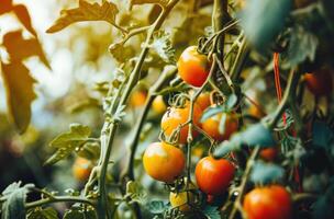 ai gerado fresco caseiro tomates em uma árvore dentro a jardim foto