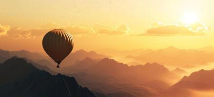 ai gerado ar balão às nascer do sol em uma topo da montanha foto