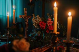 ai gerado crucifixo e flores dentro a ícone luz de velas foto