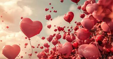ai gerado vermelho corações e balões vôo através uma céu foto