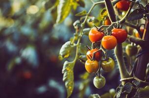 ai gerado fresco caseiro tomates em uma árvore dentro a jardim foto