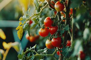 ai gerado fresco caseiro tomates em uma árvore dentro a jardim foto