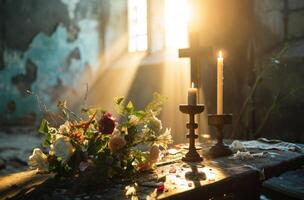 ai gerado crucifixo e flores dentro a ícone luz de velas foto