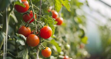 ai gerado tomates em a videira dentro uma estufa foto