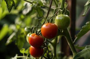 ai gerado tomates crescendo a partir de a plantar dentro a jardim foto