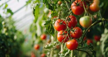 ai gerado tomates em a videira dentro uma estufa foto