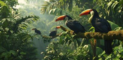 ai gerado tucanos vôo dentro selva foto