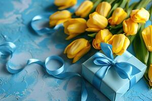 ai gerado uma grupo do amarelo tulipas e azul presente caixa juntos foto
