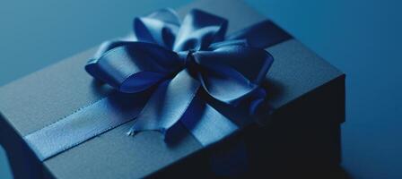 ai gerado uma presente caixa com azul fita em uma azul fundo foto