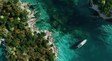 ai gerado a aéreo Visão do a recuado ilha com uma barco dentro a água foto