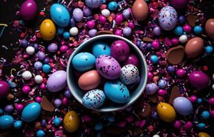 ai gerado chocolate Páscoa ovos e granulados em uma mesa foto