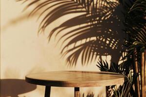 ai gerado a ao ar livre mesa com tropical plantas dentro a fundo foto