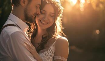 ai gerado feliz jovem acionado casal dentro a verão dia foto