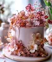 ai gerado flores em uma grande bolo foto