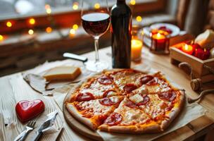 ai gerado pizza é em a mesa com uma coração e uma vinho garrafa foto