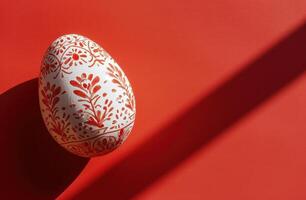 ai gerado vermelho e branco Páscoa decorativo ovo e papel em vermelho fundo foto