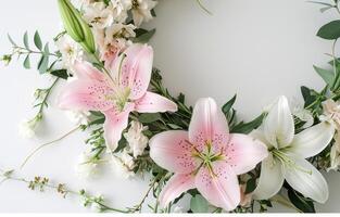 ai gerado bonita floral guirlanda com Rosa flores e branco lírios foto