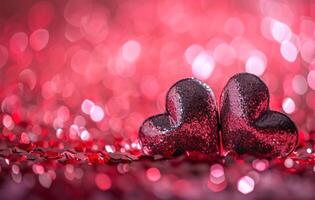 ai gerado dois coração formas em pé em uma Rosa fundo foto