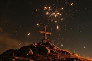 ai gerado uma Cruz em uma Colina com muitos foguetes tiroteio fora às noite foto