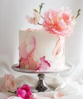 ai gerado branco e Rosa bolo em uma metal ficar de pé com Rosa flores foto
