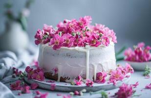ai gerado unicórnio bolo com Rosa flores foto