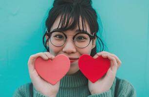 ai gerado jovem mulher segurando acima dois coração foto