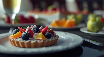 ai gerado uma fruta azedo é sentado em uma branco prato com de outros pratos foto