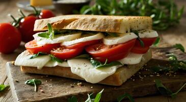 ai gerado uma sanduíche com mozzarella queijo e tomates em topo foto