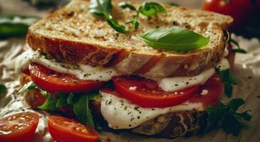 ai gerado uma sanduíche com mozzarella queijo e tomates em topo foto