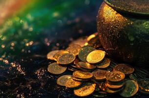ai gerado uma Panela do moedas com uma arco Iris jogado em isto foto