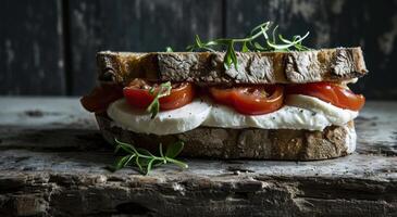 ai gerado uma sanduíche com mozzarella queijo e tomates em topo foto