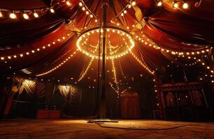 ai gerado uma Sombrio e enorme circo barraca com a sobrecarga iluminação foto