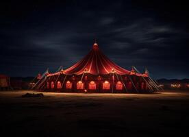 ai gerado uma circo barraca aceso acima às noite, dentro a deserto foto