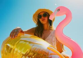 ai gerado uma mulher dentro uma detém a flamingo flutua isto foto