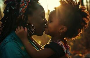 ai gerado a afro-americano mãe com uma jovem menina se beijando dela foto