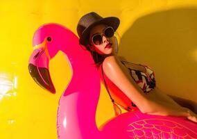 ai gerado uma mulher com chapéu, oculos de sol, e uma Rosa flamingo flutuador foto