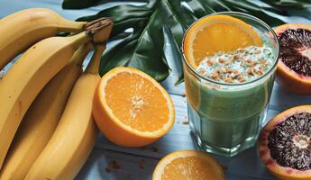 ai gerado uma batido com laranja, banana, verde batido e fatias do fruta foto