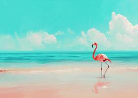 ai gerado Rosa flamingo dentro areia em de praia flamingo foto