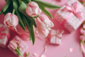 ai gerado Rosa tulipas, uma presente embrulhado com fita e Rosa flores foto